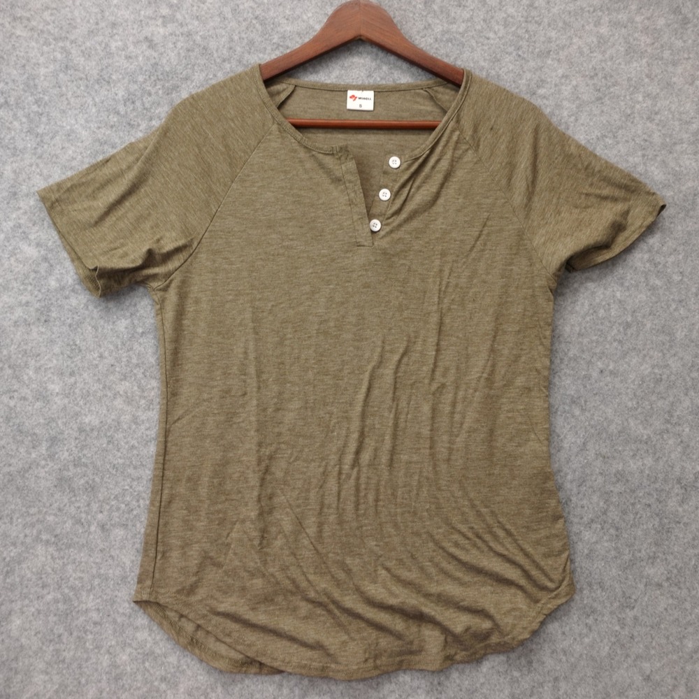 Henley Shirt Womens SMALL Green Olive Earthy Minimalist Light Split Neck WIHOLL